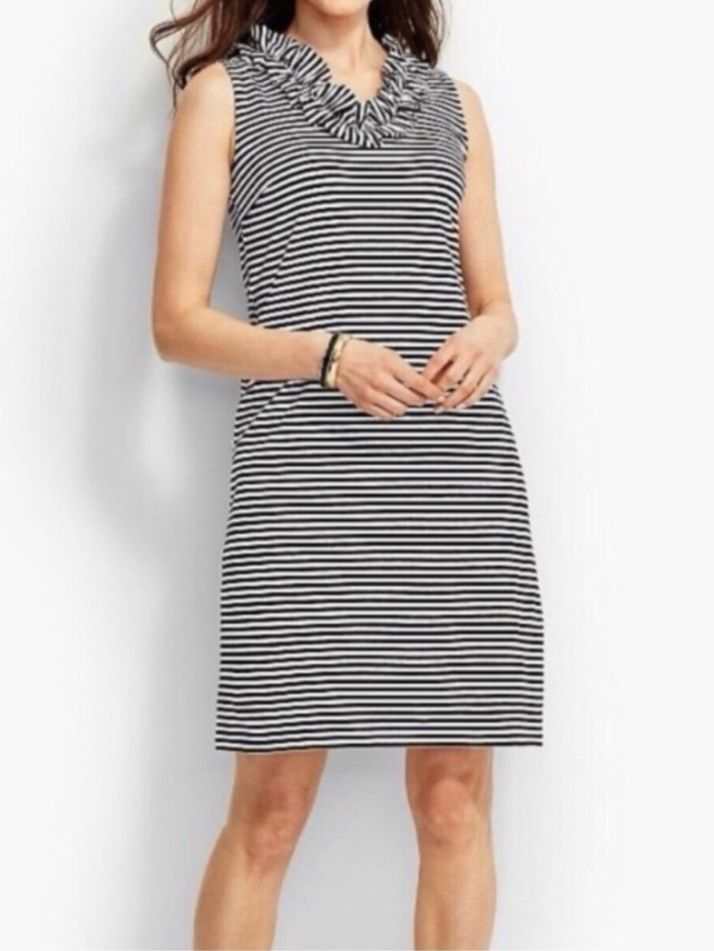 Talbots Black & White Striped Ruffle-Neck Sleeveless Dress